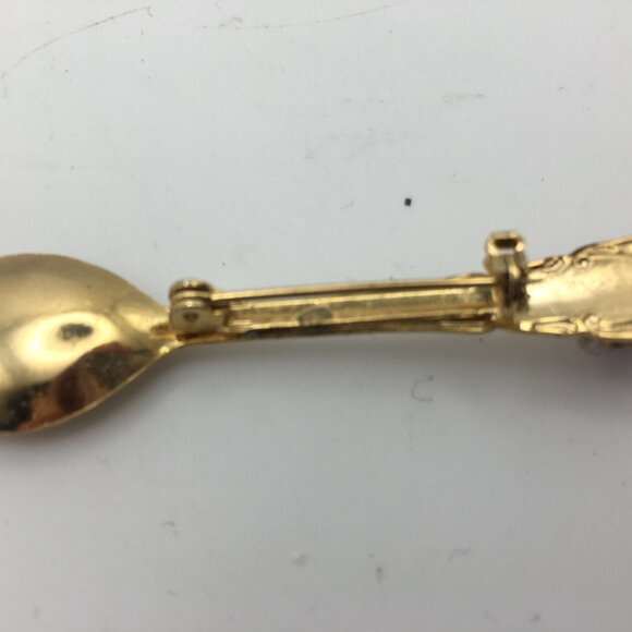 Vintage Small Gold Tone Spoon Pin Brooch Jewelry Amethyst Maple Leaf 2 1/2" - Picture 10 of 11